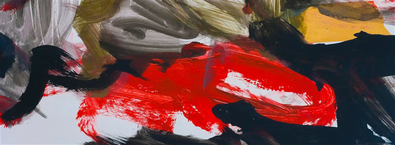 Vibrant shades of red, black, yellow, and olive green painted with irregular brushstrokes on a white canvas.