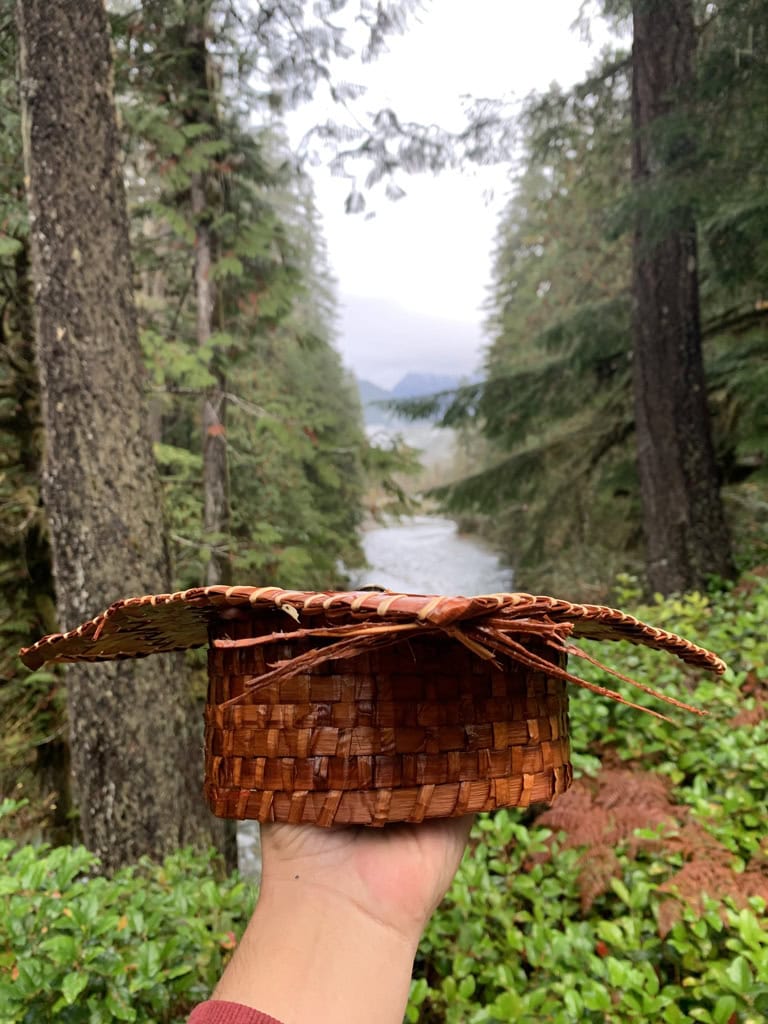 A flat hand holds a hat made from brown tree bark in the foreground. Behind it are trees framing a river and a cloudy sky.