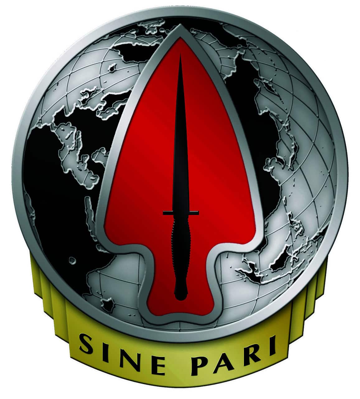 Unit insignia for US Army Special Operations Command. Insignia is a sword inside of a red arrow head shape on a silver globe. The inscription at the bottom reads “Sine Pari.”