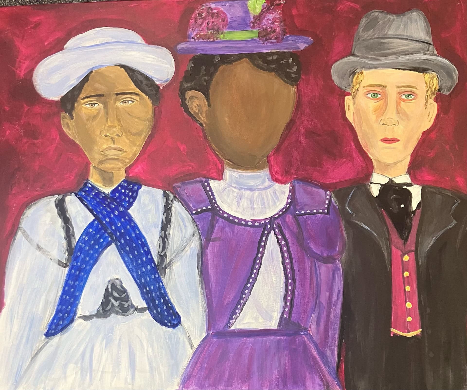 Painting of three trans individuals in 19th century clothing with the middle person faceless.