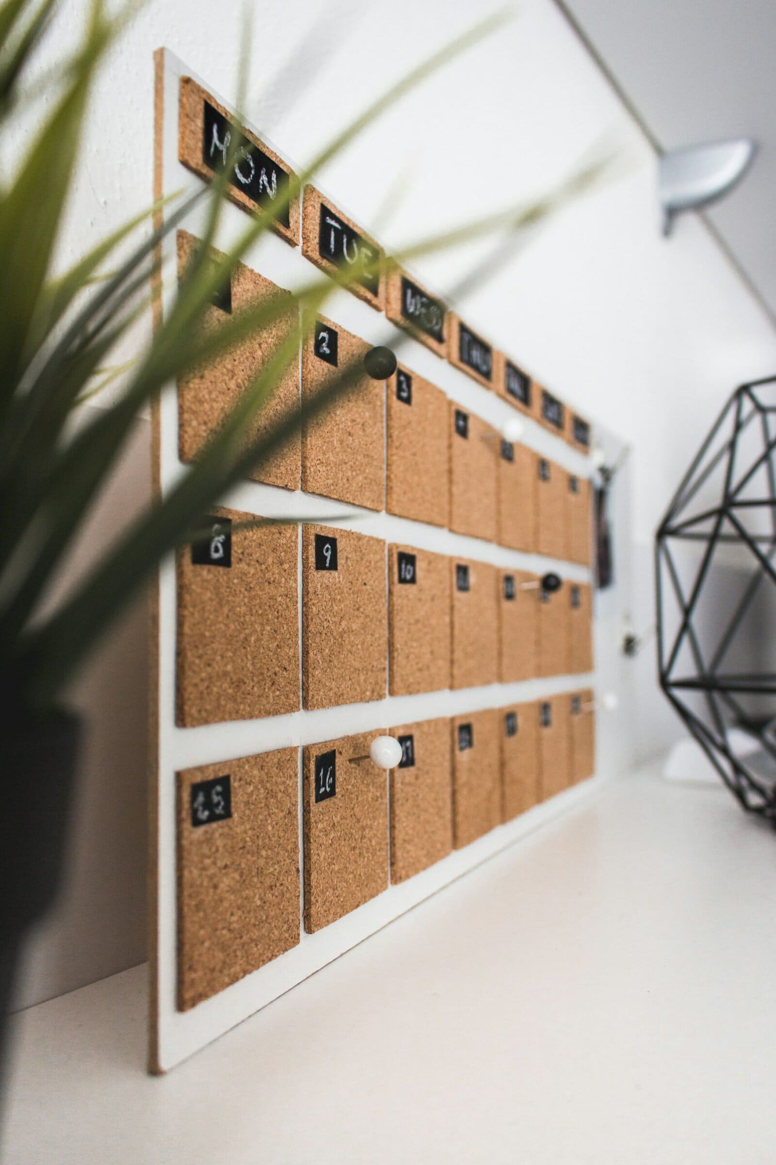 Monthly calendar made of cork board squares viewed from an oblique angle against a white background. The leaves of a potted plant in the foreground partially obscure the top left corner of calendar.