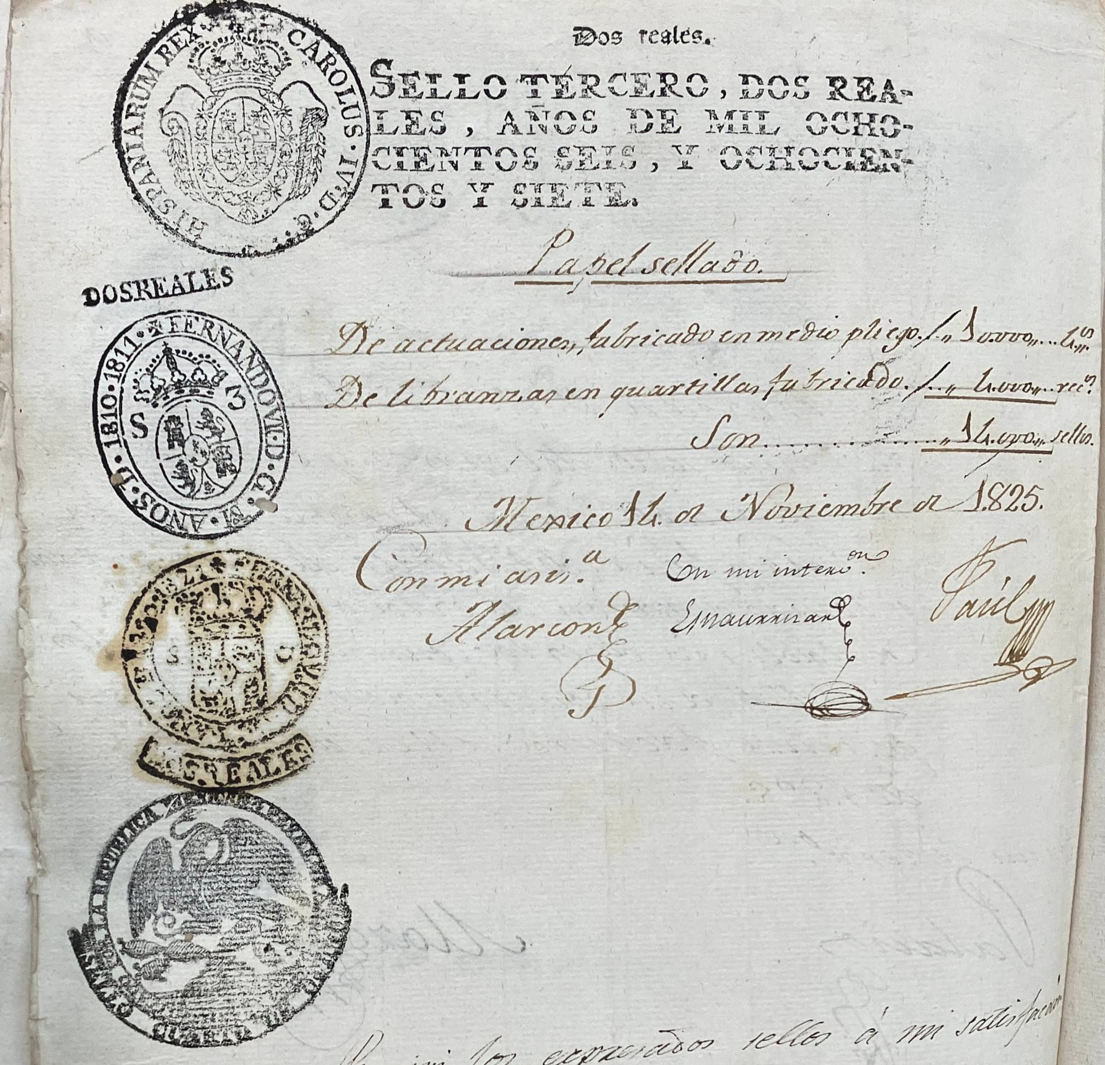 A piece of paper with four stamps descending the left side.
