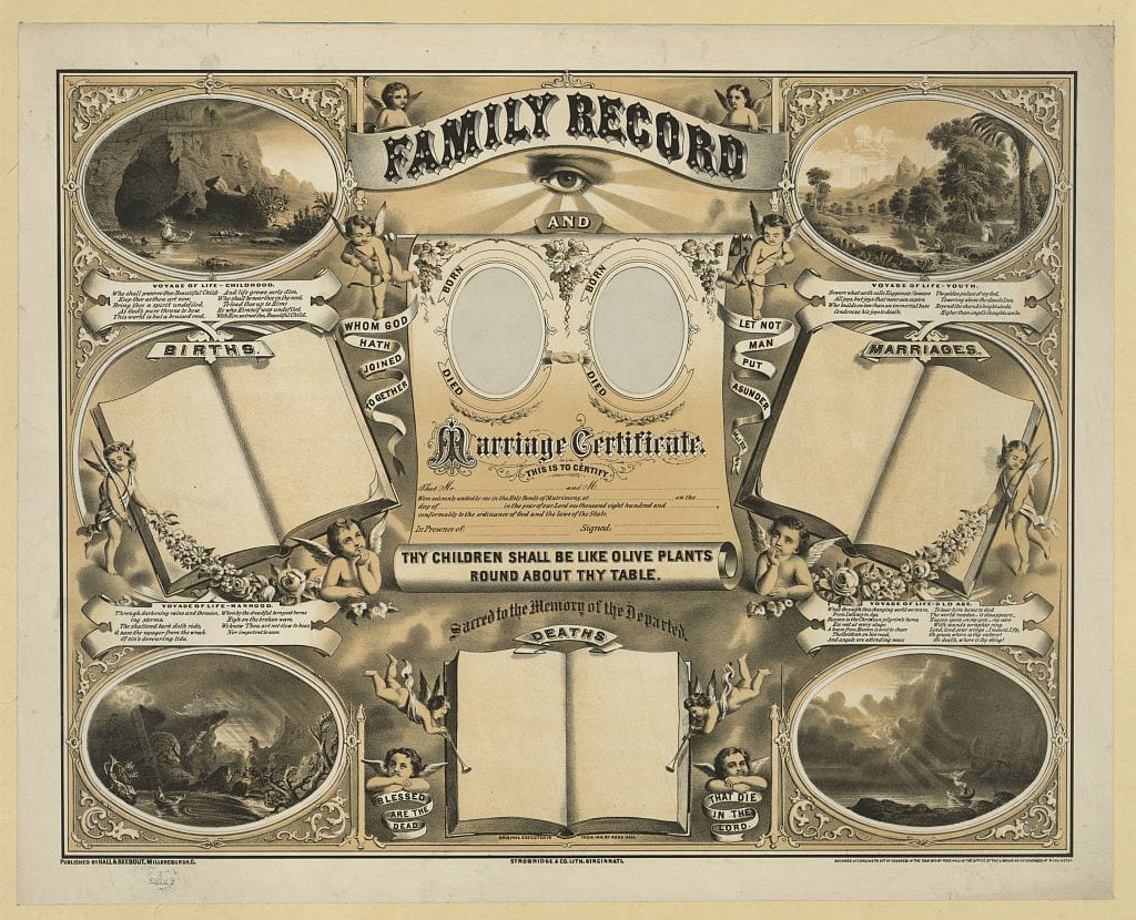 A 19th-century printed "Family Record and Marriage Certificate." Three columns show illustrations and space to list births, marriages, and deaths. Cherubs float around these sections, and at the center top an eye hovers above.