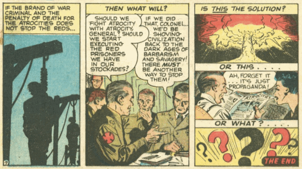 A three column comic discussing the ethics of warfare in the face of communism